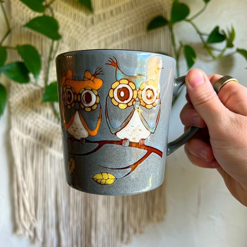 Great Gatherings Retro Owl Mug – Gray Ceramic Coffee Cup – Vintage Boho Kitchen - Picture 1 of 7